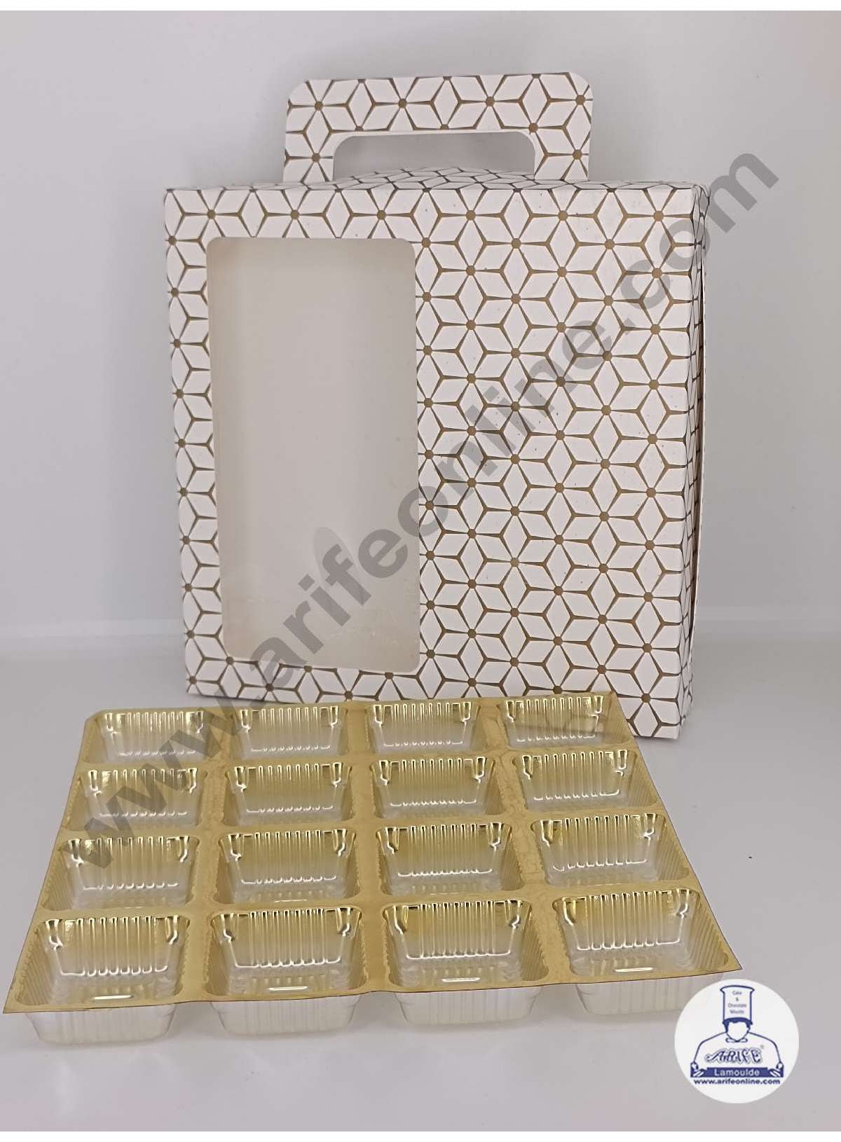 16 Cavity 3D Cube Print Chocolate Box with Cavity, Clear Window & Handle ( 10 Piece Pack ) - White (MOQ 12 PACK) (RDD)