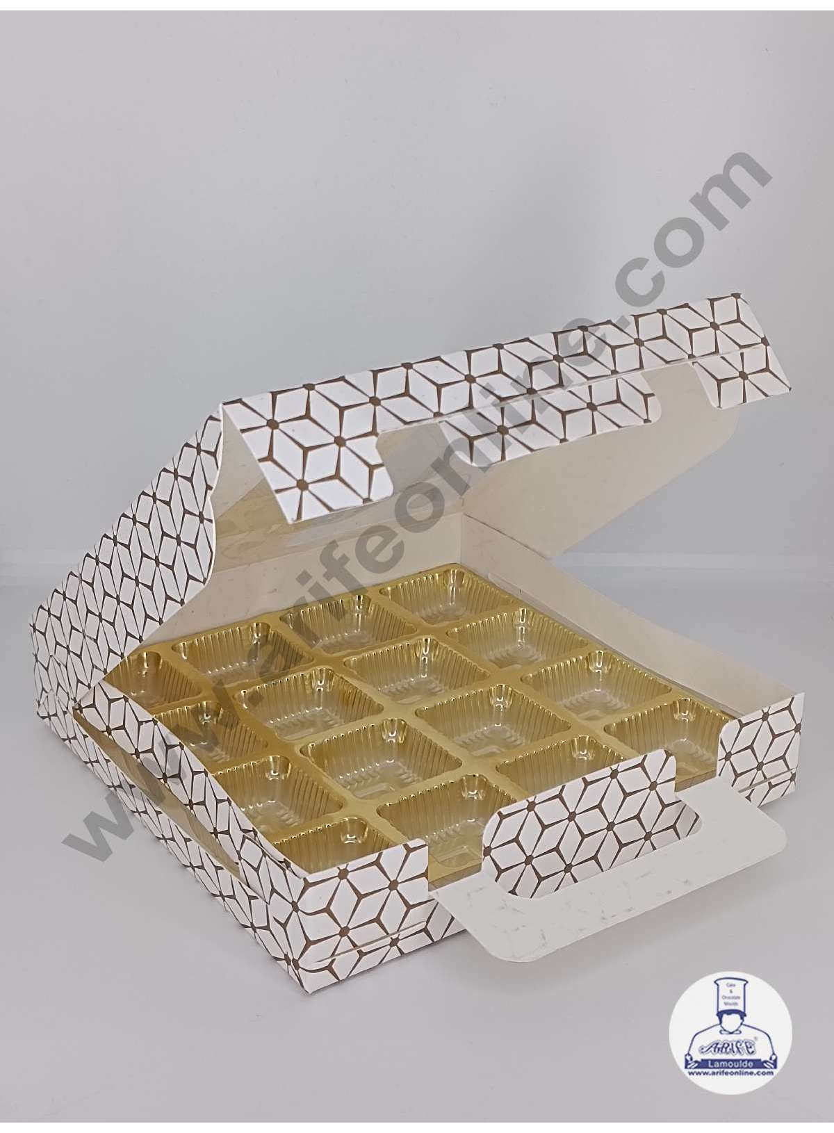 16 Cavity 3D Cube Print Chocolate Box with Cavity, Clear Window & Handle ( 10 Piece Pack ) - White (MOQ 12 PACK) (RDD)