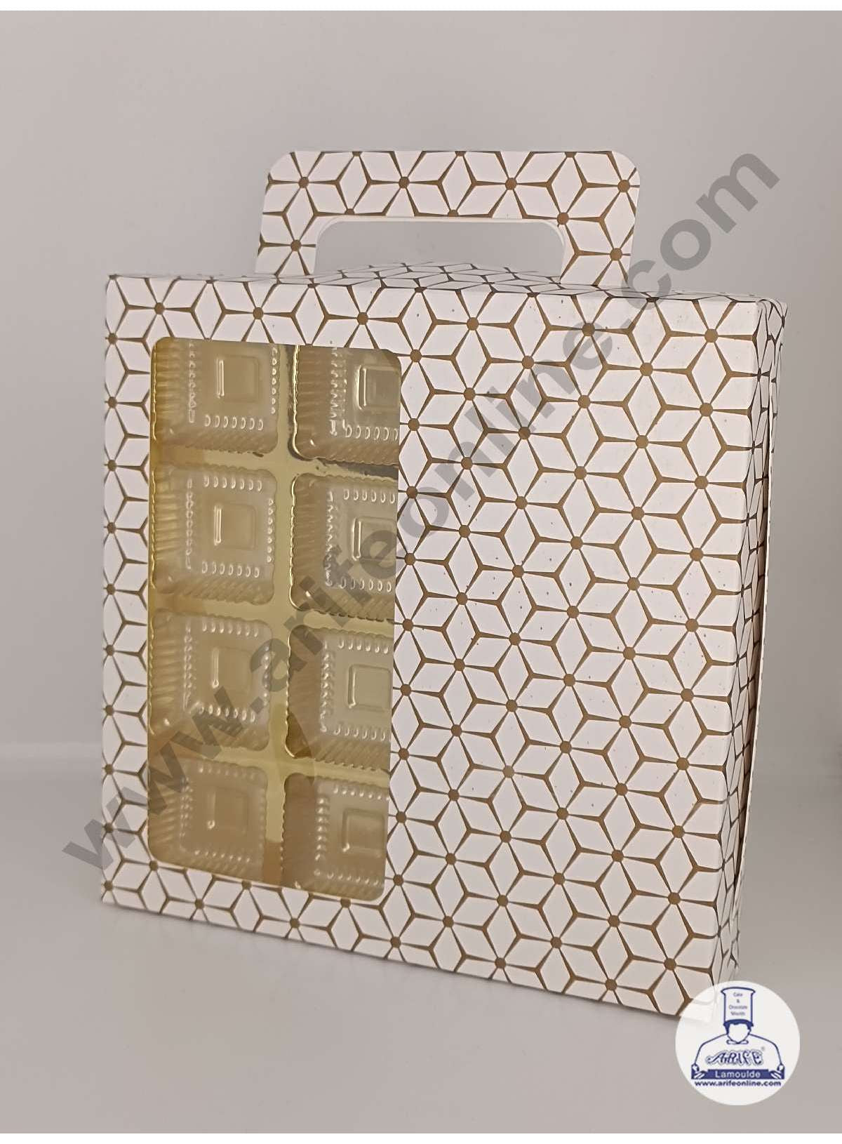 16 Cavity 3D Cube Print Chocolate Box with Cavity, Clear Window & Handle ( 10 Piece Pack ) - White (MOQ 12 PACK) (RDD)