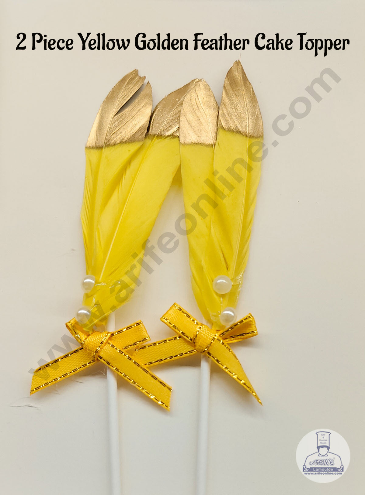 2 Pcs Yellow Golden Feather Topper For Cake Decoration (MOQ 12 PCS) (FD)