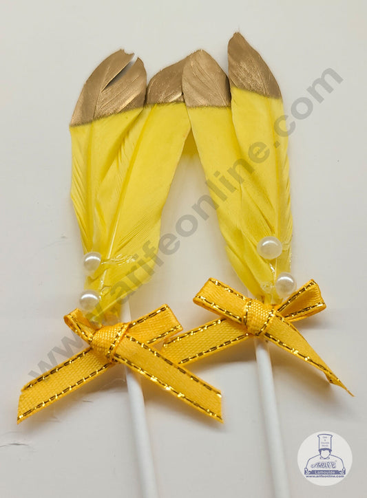 2 Pcs Yellow Golden Feather Topper For Cake Decoration (MOQ 12 PCS) (FD)